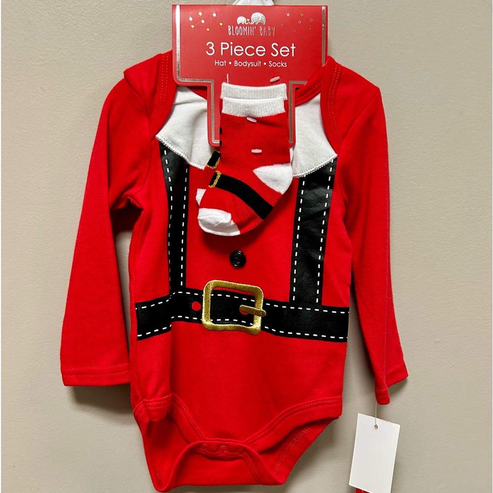 Bloomin Baby Sz 0-3 or 6-9 Months Santa Suit Hat Onesie & Socks NWT Red & Black